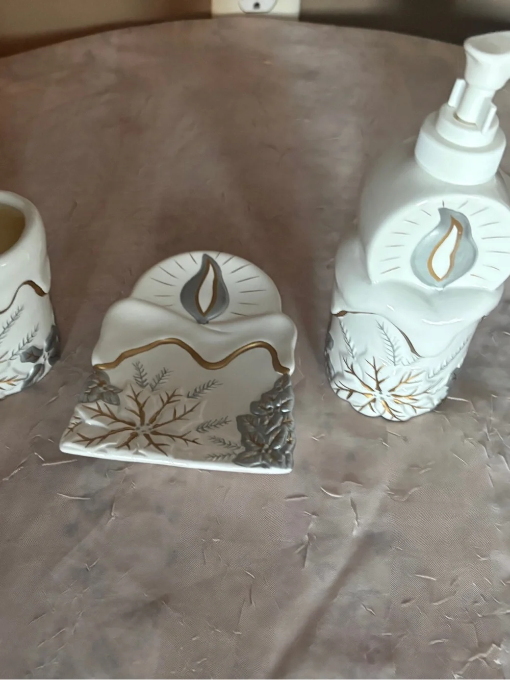 White Ceramic Bathroom Accessory Set with Gold and Silver Accents